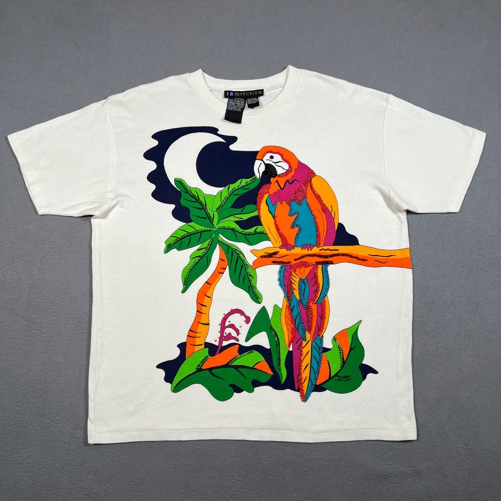 Vintage‎ IB Diffusion T Shirt Womens XL White Beaded Parrot Palm Tree Moon 1992